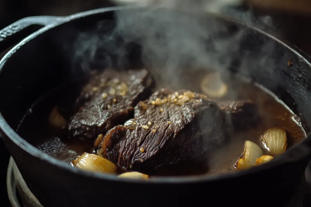 Beef cheek braising in a cast iron pot with aromatic spices and onions, creating a tender and flavorful dish