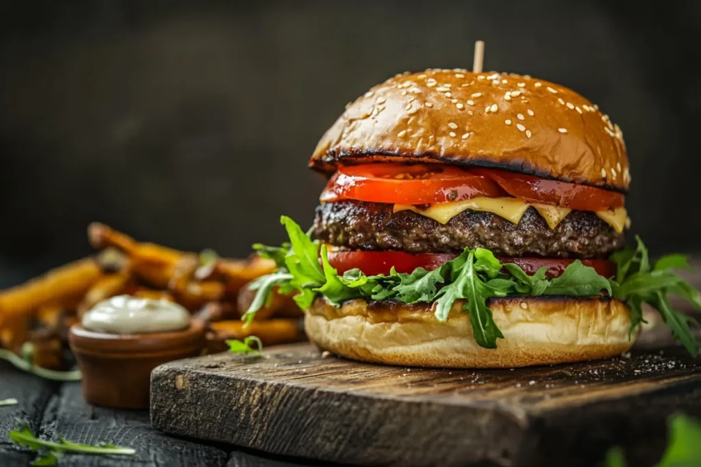 A gourmet Wagyu burger with a golden brioche bun, melted aged cheddar, fresh lettuce, heirloom tomatoes, and a side of crispy truffle fries on a wooden serving board