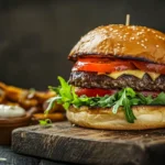 A gourmet Wagyu burger with a golden brioche bun, melted aged cheddar, fresh lettuce, heirloom tomatoes, and a side of crispy truffle fries on a wooden serving board