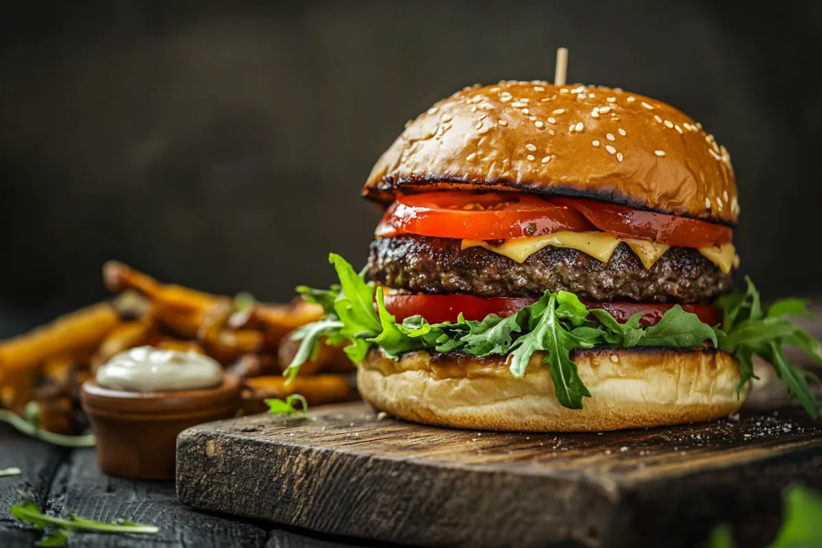 A gourmet Wagyu burger with a golden brioche bun, melted aged cheddar, fresh lettuce, heirloom tomatoes, and a side of crispy truffle fries on a wooden serving board