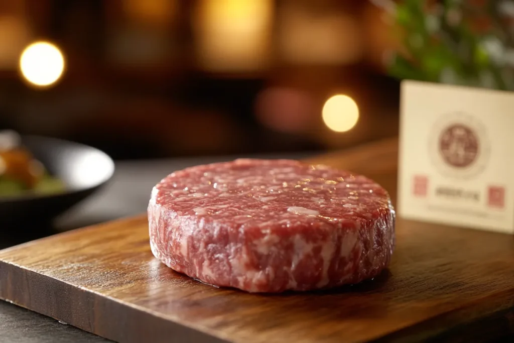 Close-up of a raw Wagyu beef patty with intricate marbling, placed on a butcher’s wooden board, with a Japanese Wagyu certification card in the background