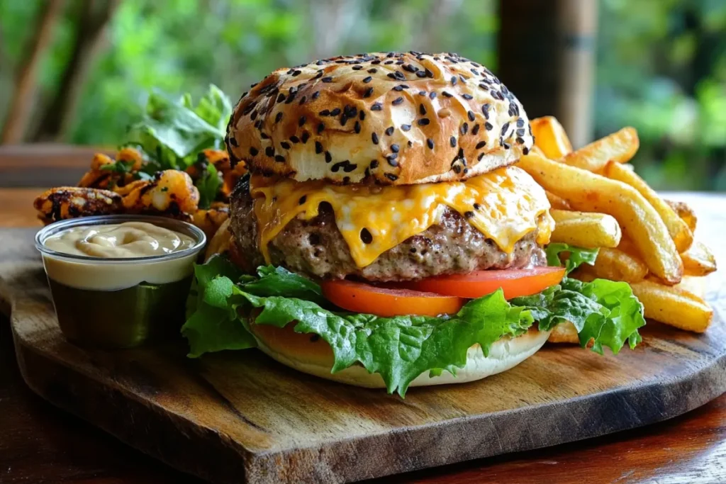 A juicy Wagyu burger with a brioche bun, melted cheese, and fresh toppings on a wooden serving board