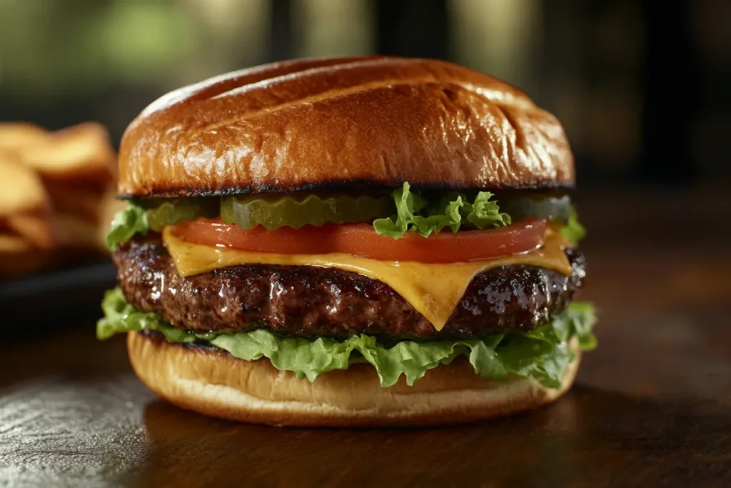 A gourmet Wagyu burger served on a wooden board with truffle fries and aioli, presented in a luxurious fine-dining setting.