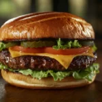 A gourmet Wagyu burger served on a wooden board with truffle fries and aioli, presented in a luxurious fine-dining setting.