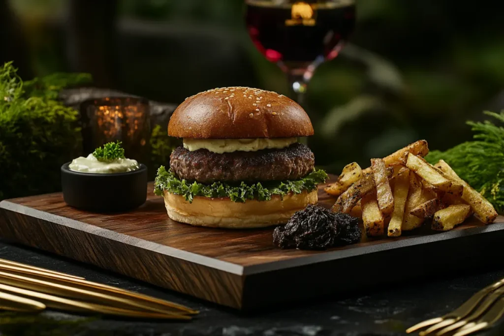 A luxurious Wagyu burger plated in a fine-dining setting, served with truffle fries and aioli, highlighting its rich marbling and premium quality. Is Wagyu burger better than regular burger? This gourmet presentation showcases its indulgent appeal.