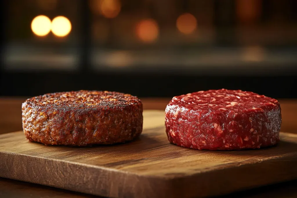 A detailed cross-section of a Wagyu burger vs. regular burger, highlighting Wagyu’s rich marbling compared to the leaner texture of regular beef. Is Wagyu burger better than regular burger? This side-by-side comparison visually showcases the key differences.