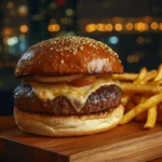 Close-up of a gourmet Wagyu hamburger with a juicy marbled patty and golden fries Why is Wagyu hamburger so expensive?