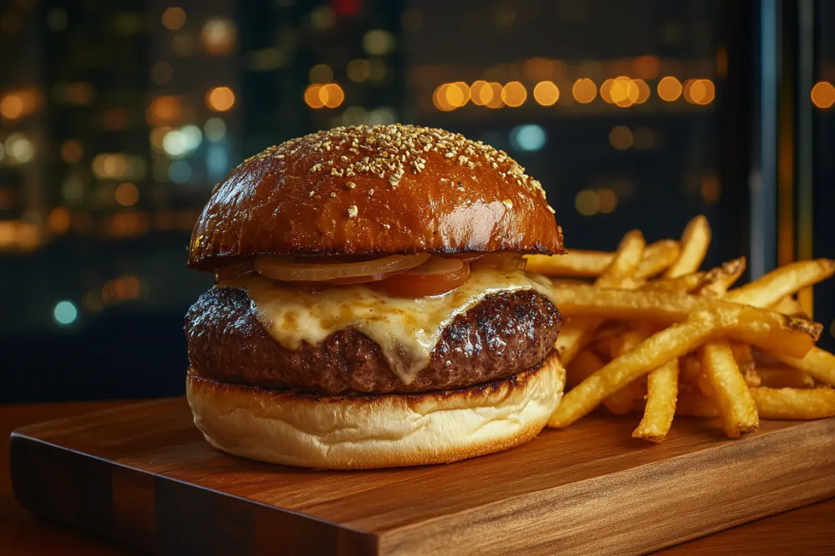 Close-up of a gourmet Wagyu hamburger with a juicy marbled patty and golden fries Why is Wagyu hamburger so expensive?