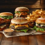 A variety of burgers, including a classic cheeseburger, double-patty, gourmet truffle, spicy jalapeño, and plant-based burger, served with fries.