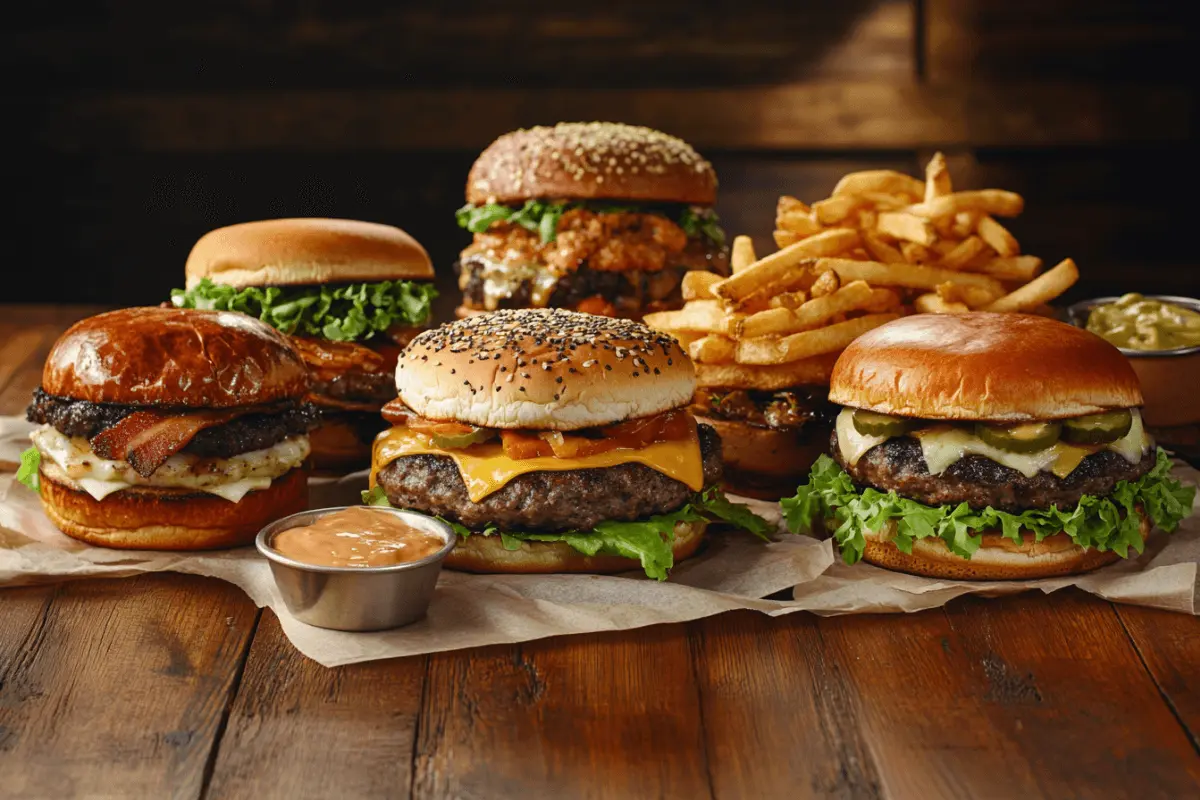 A variety of burgers, including a classic cheeseburger, double-patty, gourmet truffle, spicy jalapeño, and plant-based burger, served with fries.