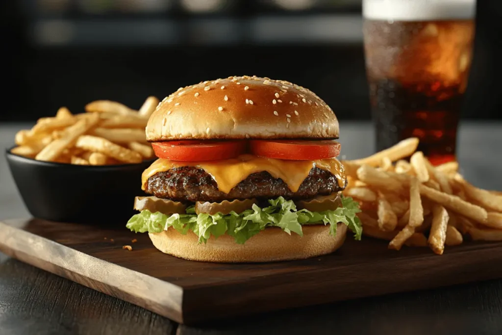 A classic cheeseburger with lettuce, tomato, melted cheese, and a sesame seed bun, served with fries and a drink, representing what is the most eaten burger in USA.