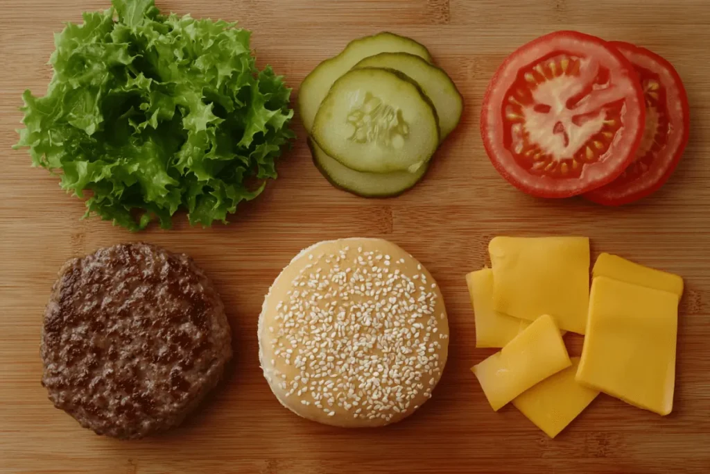 Fresh ingredients for a cheeseburger, including lettuce, tomato, pickles, cheese, a sesame seed bun, and a beef patty, representing what is the most eaten burger in USA?