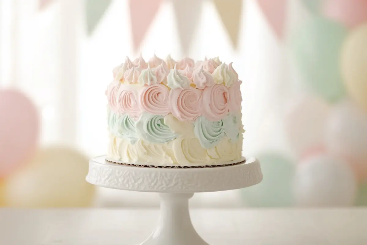 A pastel-colored smash cake with soft pink, blue, and white buttercream swirls, sitting elegantly on a white cake stand. The blurred background features pastel balloons and party decorations