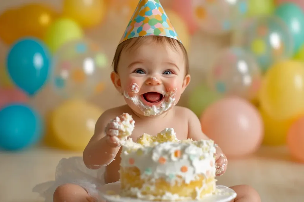 A happy baby wearing a colorful party hat, smiling with frosting on their face and hands while smashing a cake during a smash cakes session.