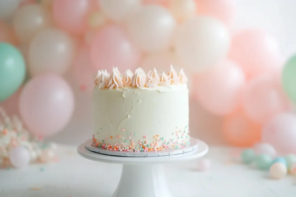 A pastel-colored smash cake decorated with white frosting, pink swirls, and colorful sprinkles, ideal for first birthday smash cakes.