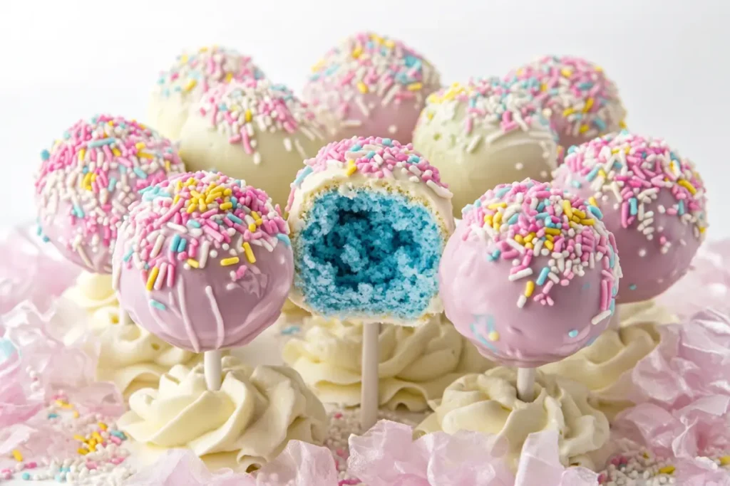 Decorated gender reveal cake pops on a styrofoam stand, with one cut open to reveal a blue center