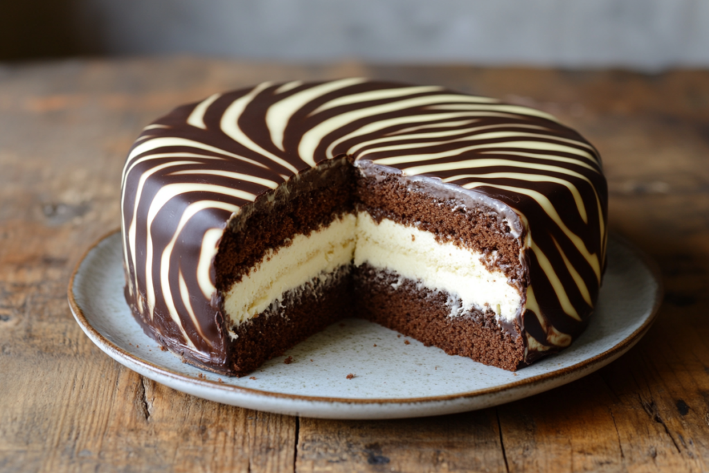 Zebra cake with chocolate and vanilla stripes on a wooden table