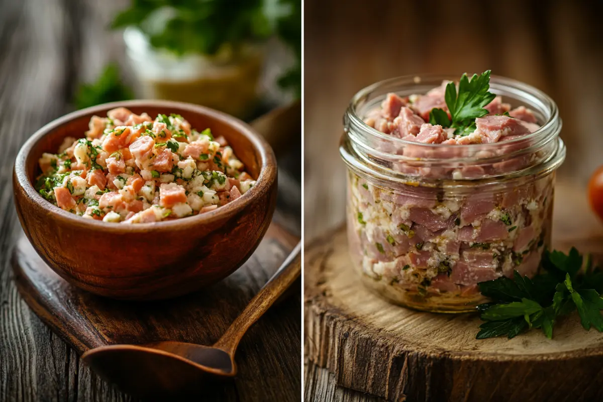 Is Bologna Salad the Same as Potted Meat? Side-by-side comparison of bologna salad and potted meat displayed on a wooden board with labeled tags.