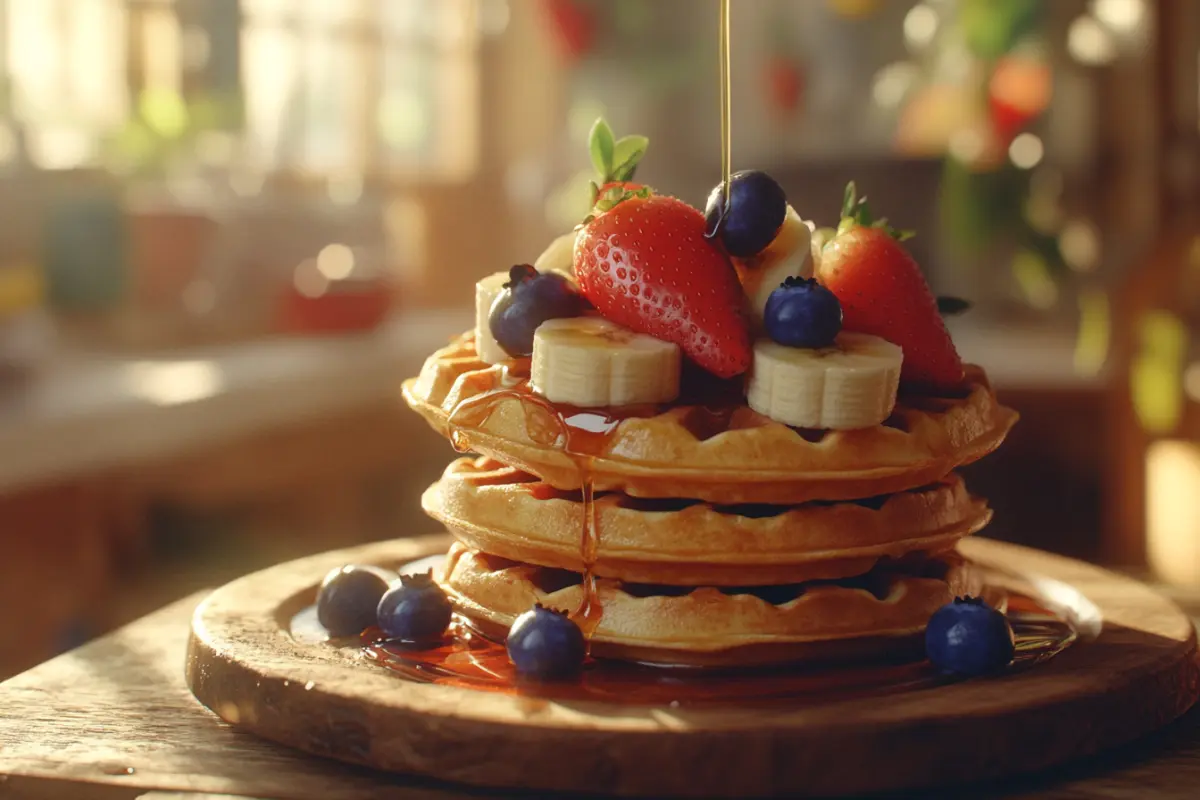 Delicious fruit waffles topped with berries and syrup.