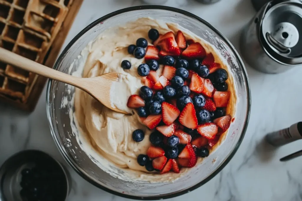 Mixing fresh fruit into waffle batter.