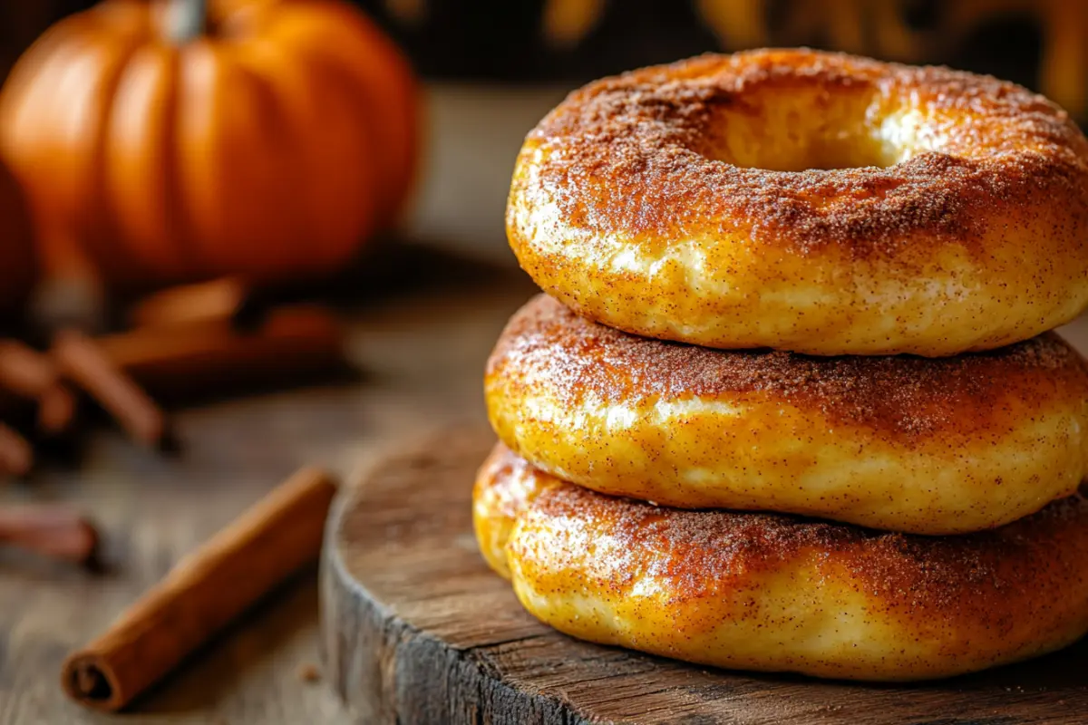 Freshly baked pumpkin bagels on a wooden board