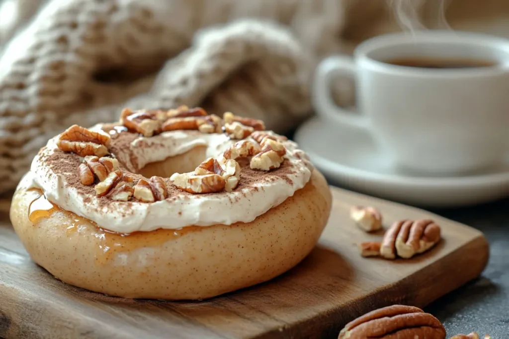 Pumpkin bagel with maple cream cheese and honey