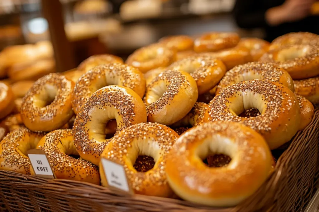 Bakery display of fresh pumpkin bagels