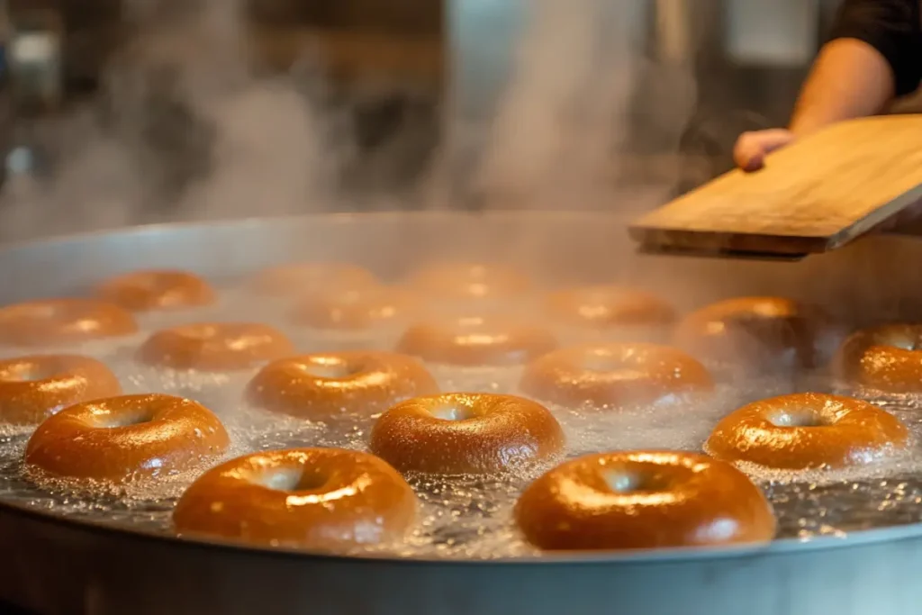 Fresh bagels boiling in water before baking