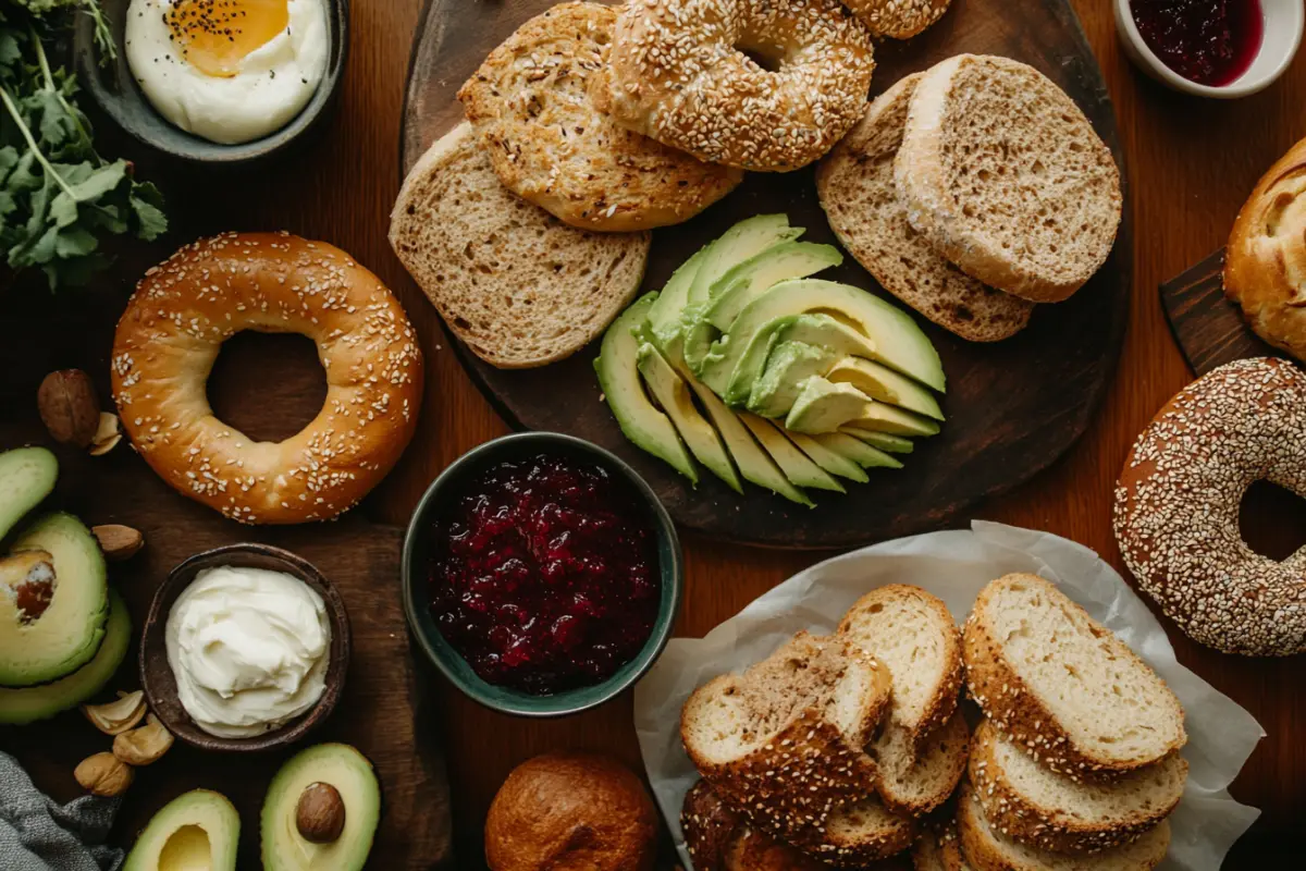 A breakfast table featuring different types of bagels and bread with toppings