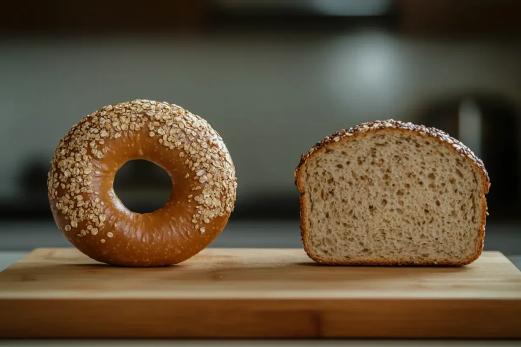 A side-by-side comparison of a whole wheat bagel and multigrain bread.