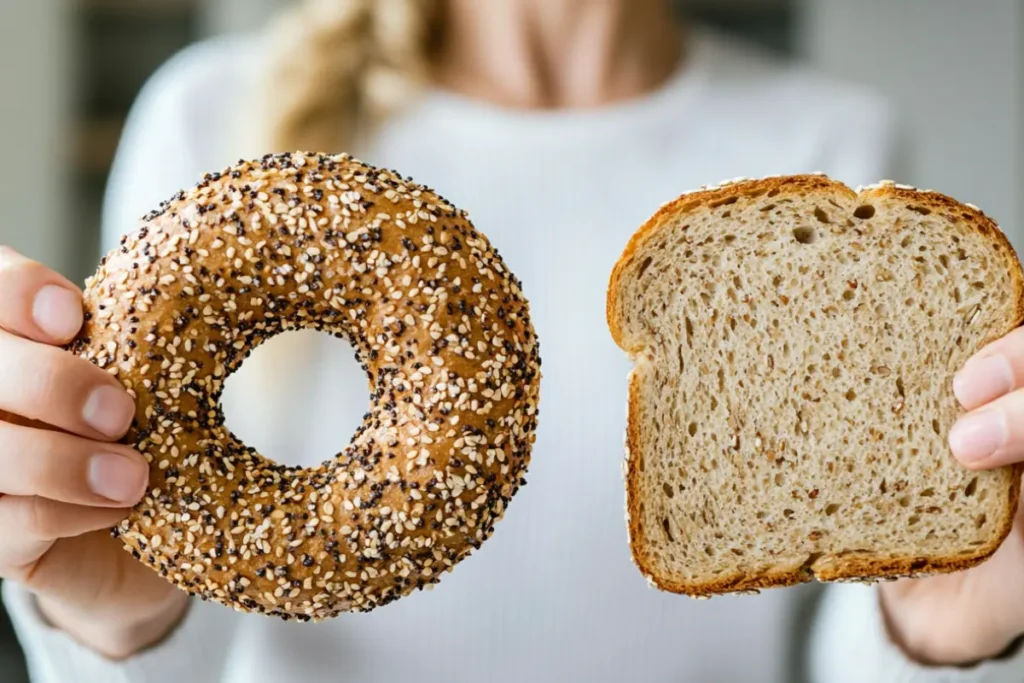 A person deciding between a whole wheat bagel and whole grain bread.