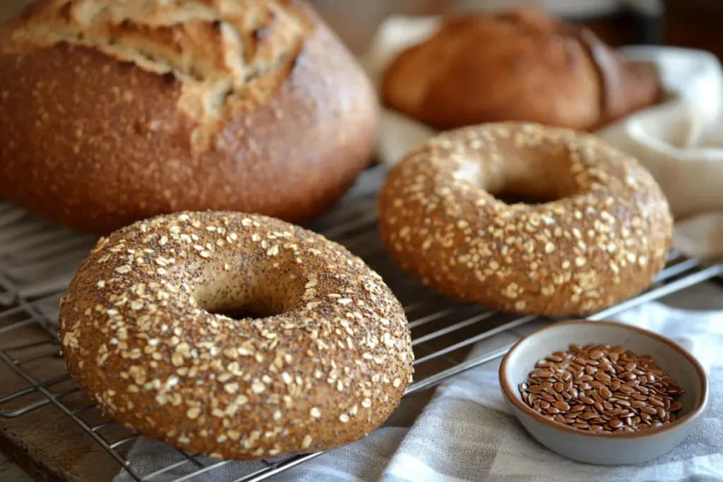 Are bagels healthier than bread?Freshly baked whole wheat bagels and sourdough bread in a rustic kitchen.