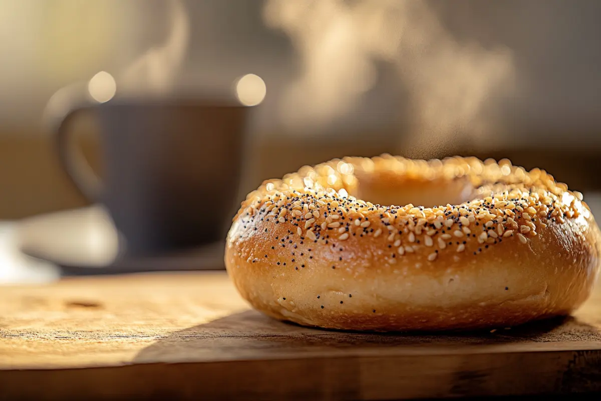 Freshly baked New York-style bagel with sesame and poppy seeds