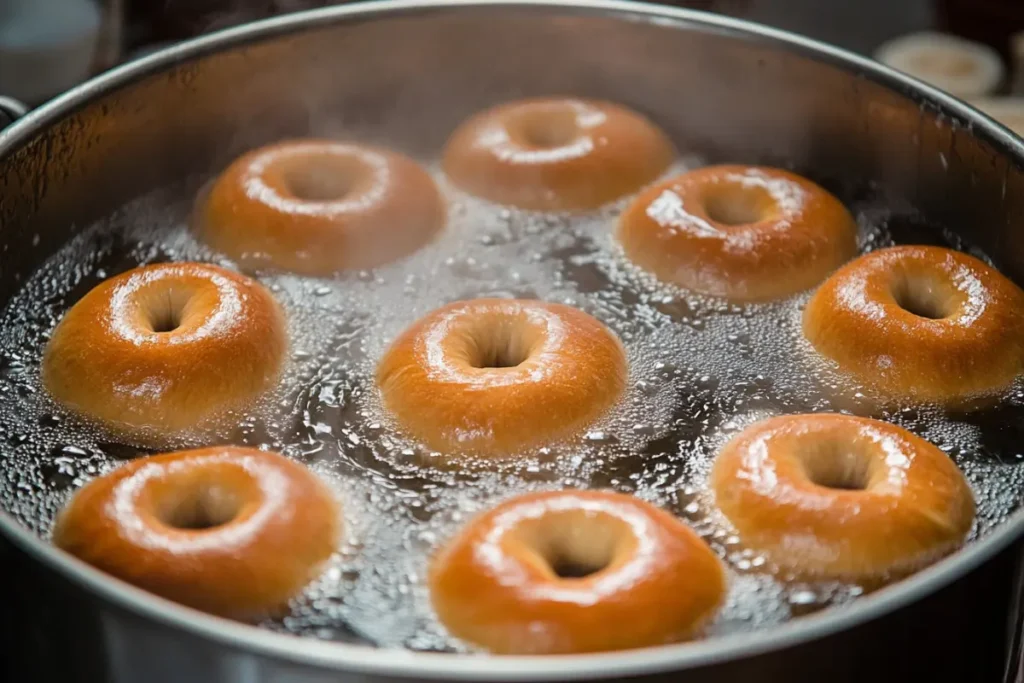 Bagels boiling in hot water to develop a chewy crust