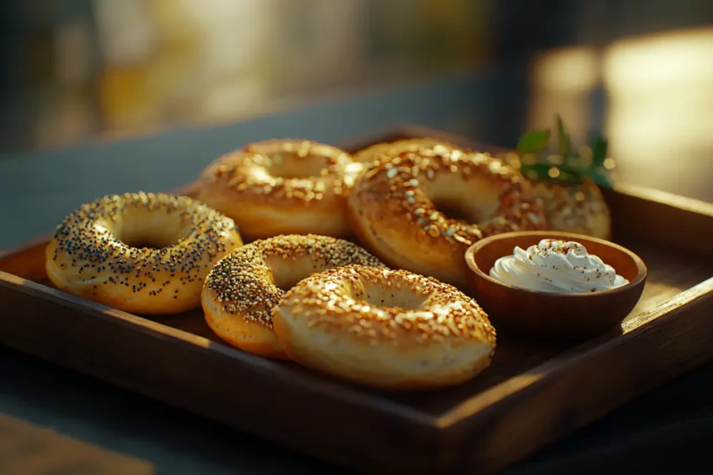 Assorted freshly baked bagels with different toppings