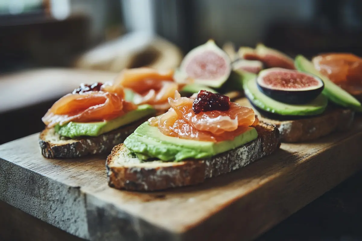 Assorted mini toast with gourmet toppings on a wooden board