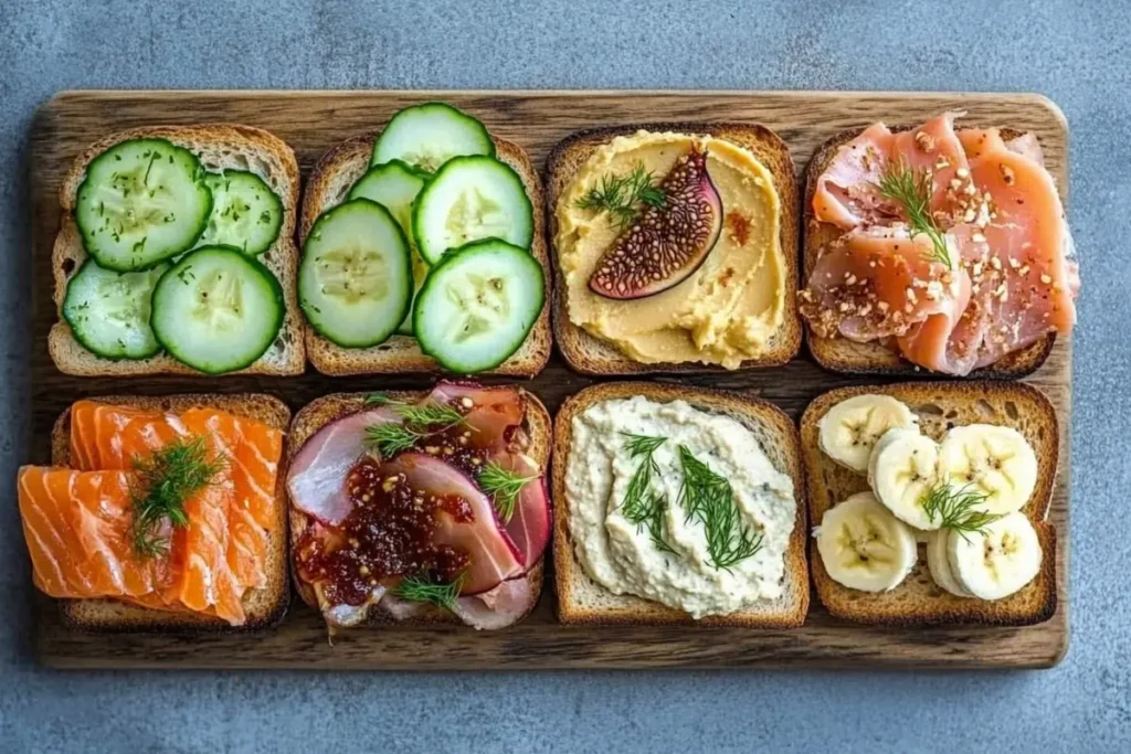 A variety of mini toast toppings arranged on a tray