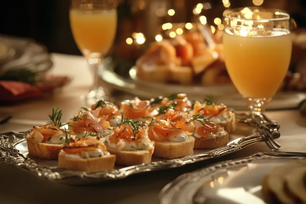 Party platter with mini toast appetizers and guests enjoying them