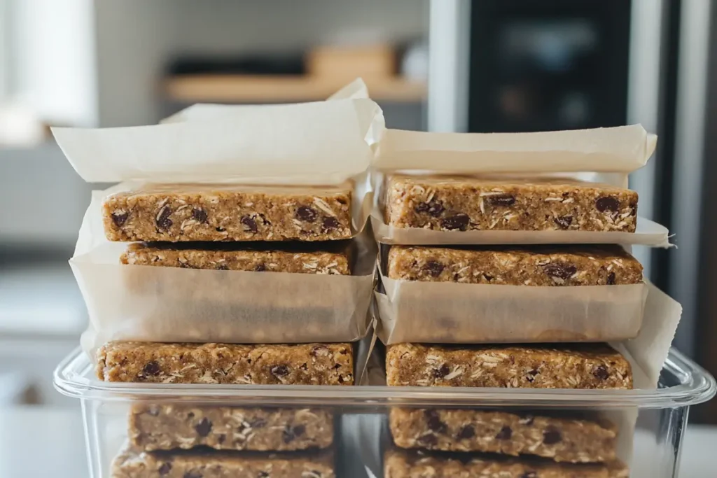 Stored gluten-free protein bars in a glass container