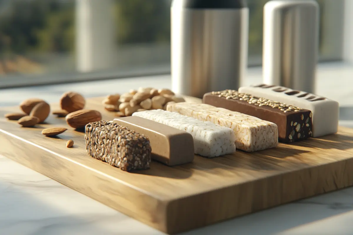 Are protein bars really healthy? Assorted protein bars on a wooden board with nuts and seeds