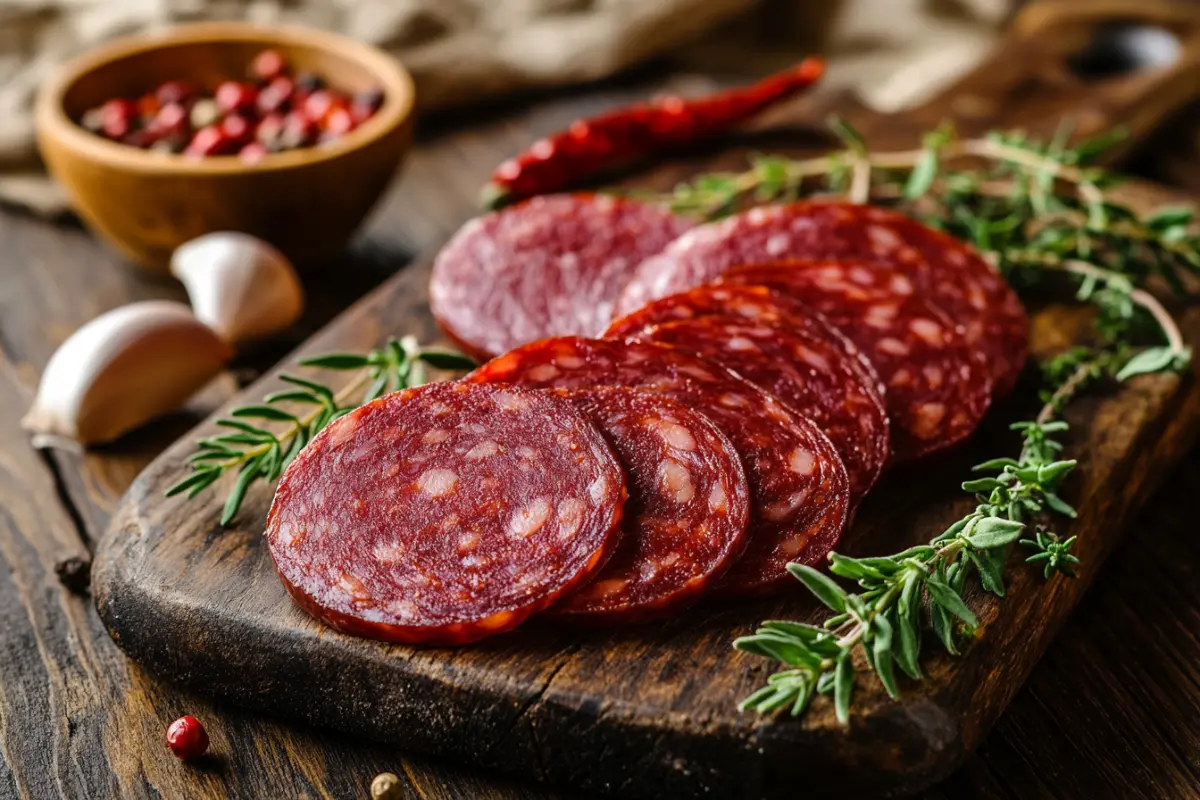 Homemade beef pepperoni slices on a wooden cutting board