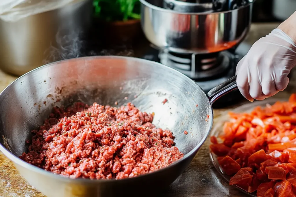 Mixing ground beef and spices for beef pepperoni