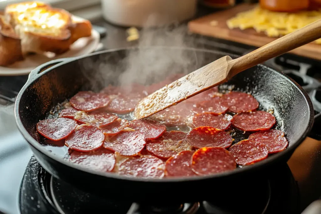 Cooking beef pepperoni slices in a cast-iron skillet