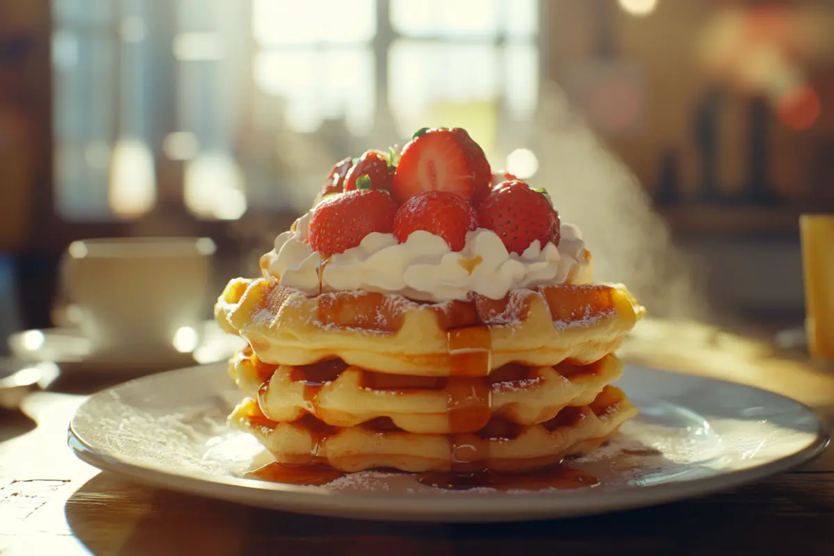 Golden fluffy strawberry waffles topped with fresh berries and syrup