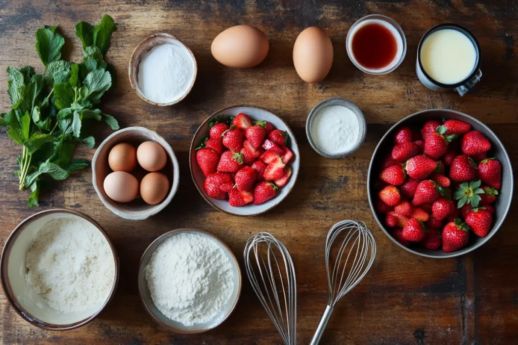 Fresh ingredients for making homemade strawberry waffles