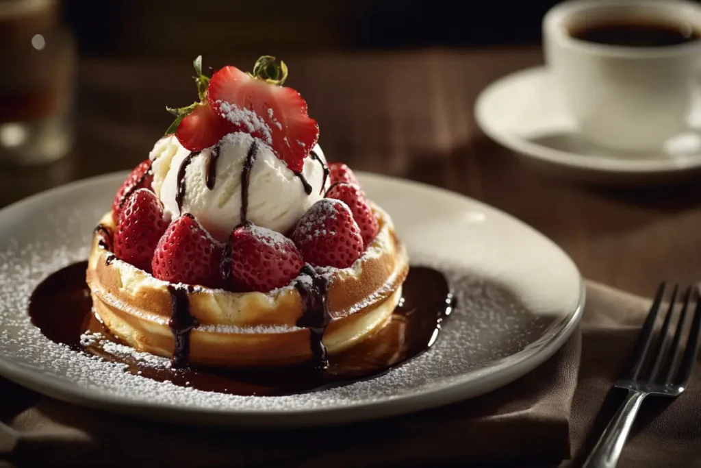 Strawberry waffles topped with chocolate drizzle and ice cream