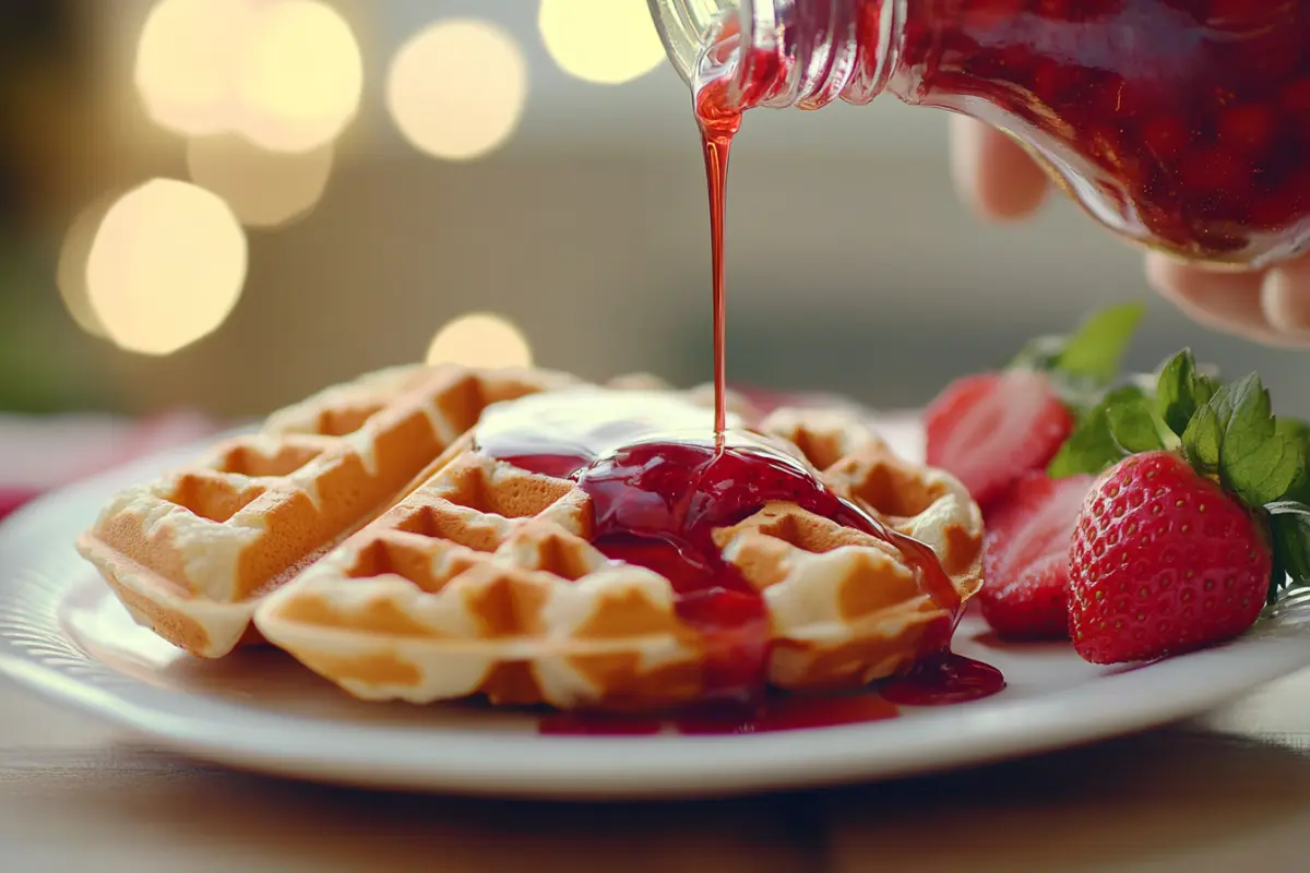 Homemade strawberry syrup drizzled over waffles