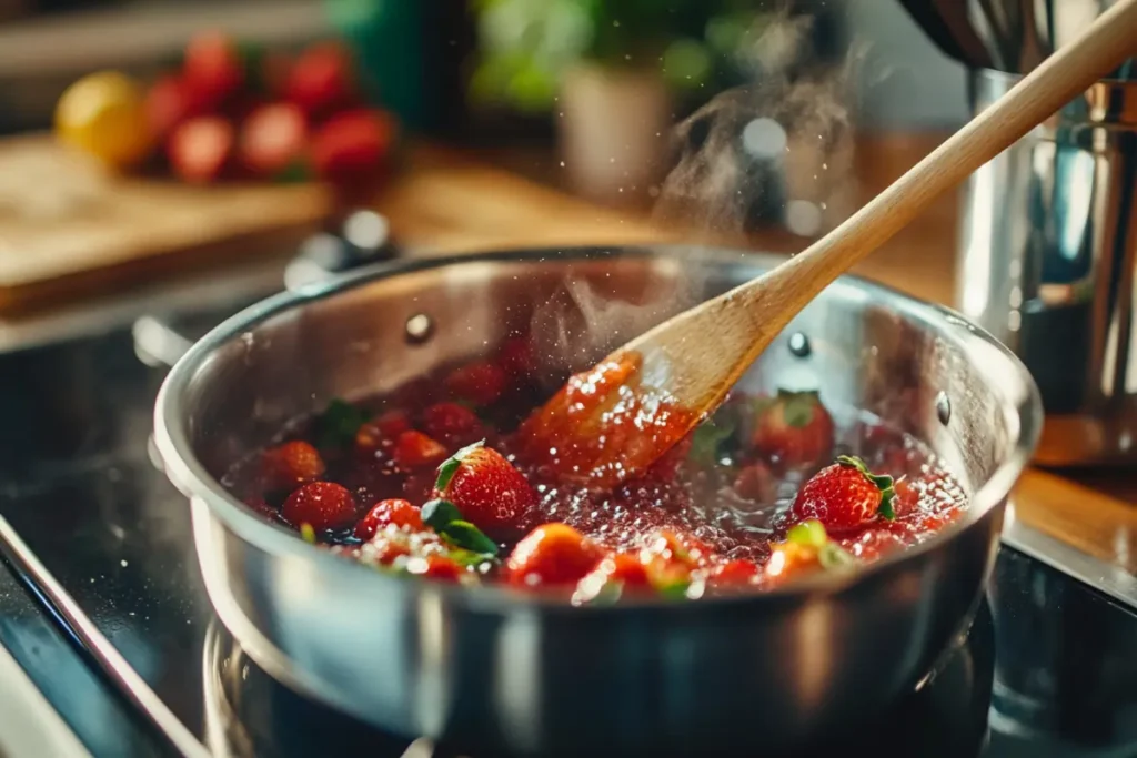 Cooking strawberry syrup in a saucepan