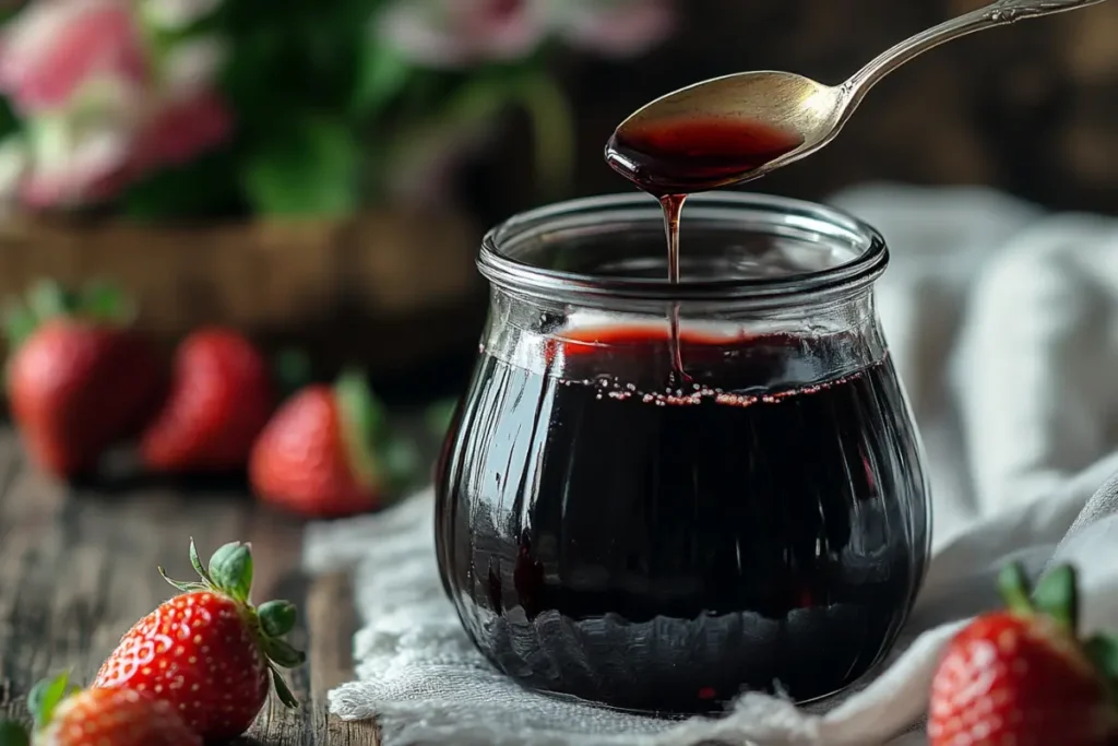 how to make strawberry syrup for waffles? Thick homemade strawberry syrup in a glass jar