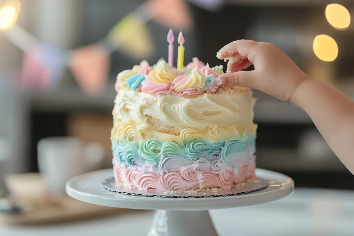 6-inch pastel-colored smash cake with baby’s hand reaching in.